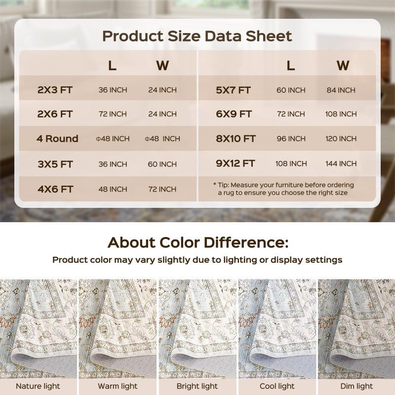WITSHOCK Washable 2x6 Runner Rugs, Non Slip Vintage Hallway Runner Rug - Low Pile Lightweight Print Area Rug for Kitchen Laundry Room Bedroom Carpet- Pet & Kids Friendly (Light Blue) - Image 2