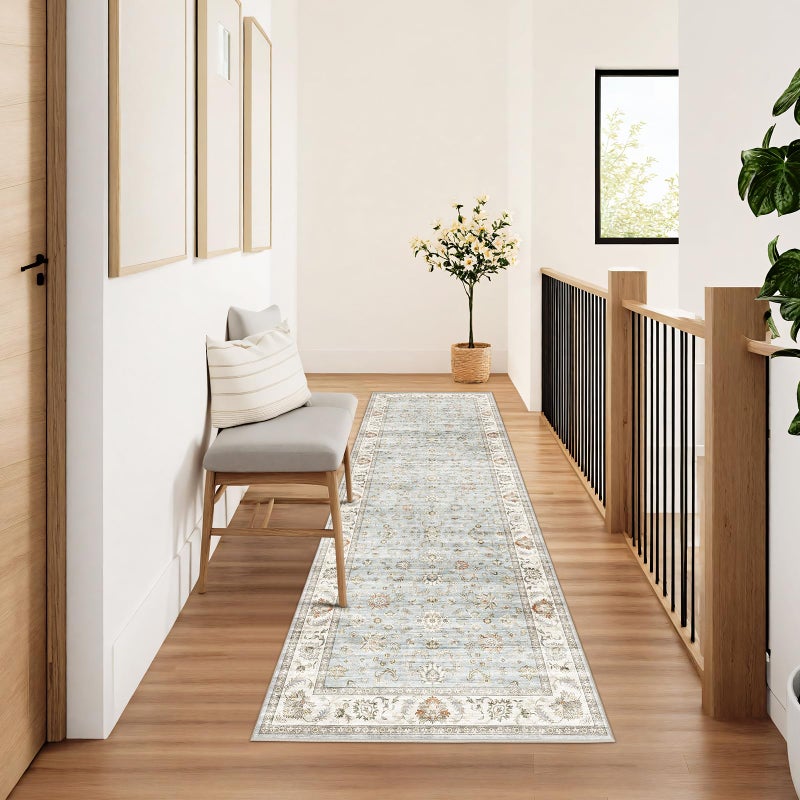 WITSHOCK Washable 2x6 Runner Rugs, Non Slip Vintage Hallway Runner Rug - Low Pile Lightweight Print Area Rug for Kitchen Laundry Room Bedroom Carpet- Pet & Kids Friendly (Light Blue) - Image 3