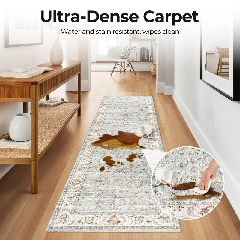 WITSHOCK Washable 2x6 Runner Rugs, Non Slip Vintage Hallway Runner Rug - Low Pile Lightweight Print Area Rug for Kitchen Laundry Room Bedroom Carpet- Pet & Kids Friendly (Light Blue) - Image 4