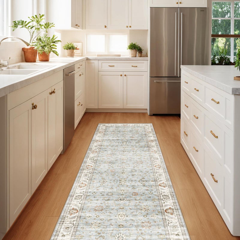 WITSHOCK Washable 2x6 Runner Rugs, Non Slip Vintage Hallway Runner Rug - Low Pile Lightweight Print Area Rug for Kitchen Laundry Room Bedroom Carpet- Pet & Kids Friendly (Light Blue) - Image 1