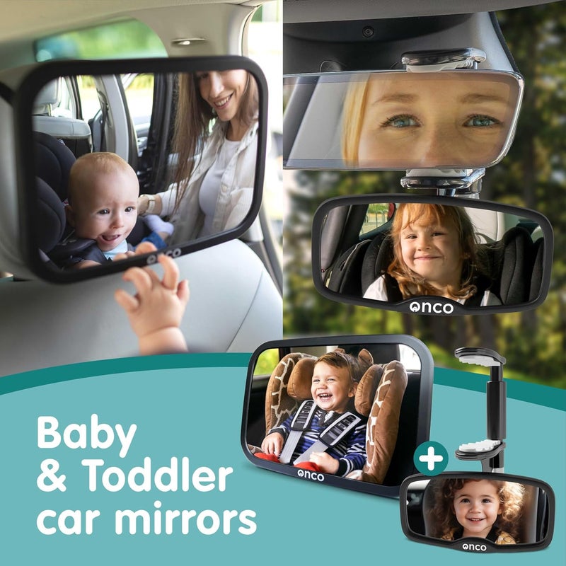 Onco Baby Car Mirror Set – Rearward & Forward-Facing Mirror, 100% Shatterproof & Shakeproof, Clear Wide View with 360° Rotation & Clip-On Design, Travel Essentials for Newborns & Babies - Image 2