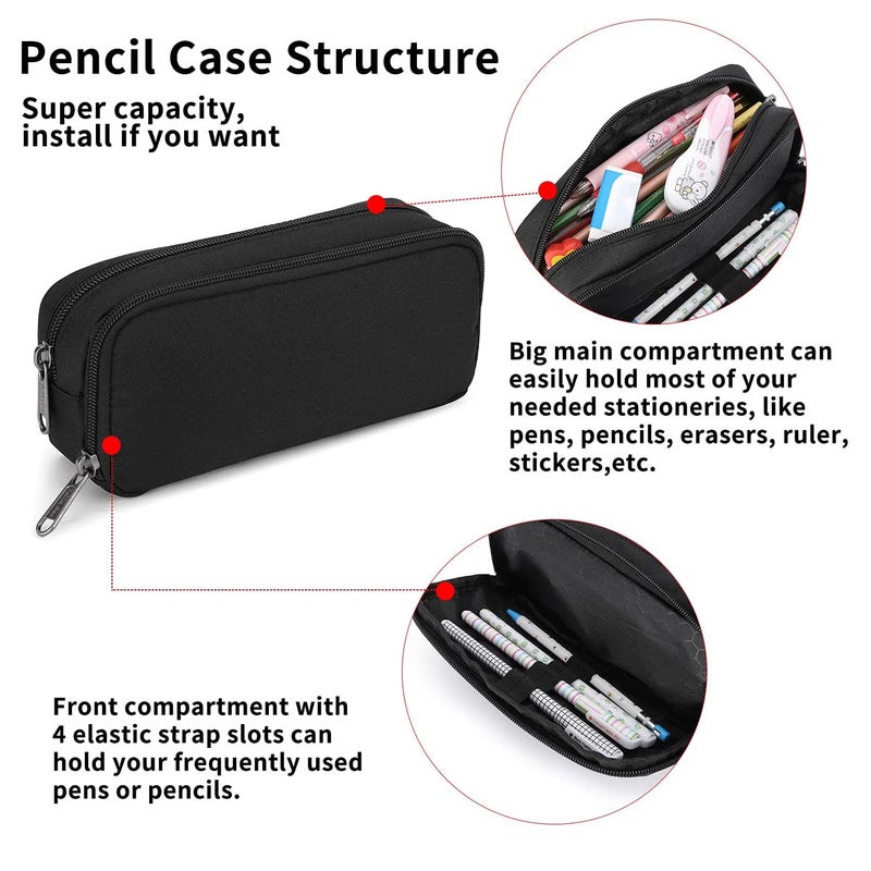 Della Gao Pencil Case Large Capacity Pencil Pouch Aesthetic Pen Bag Office Stationery Organizer Simple Sturdy Multifunctional Pencil Bag for Men - Black - Image 3