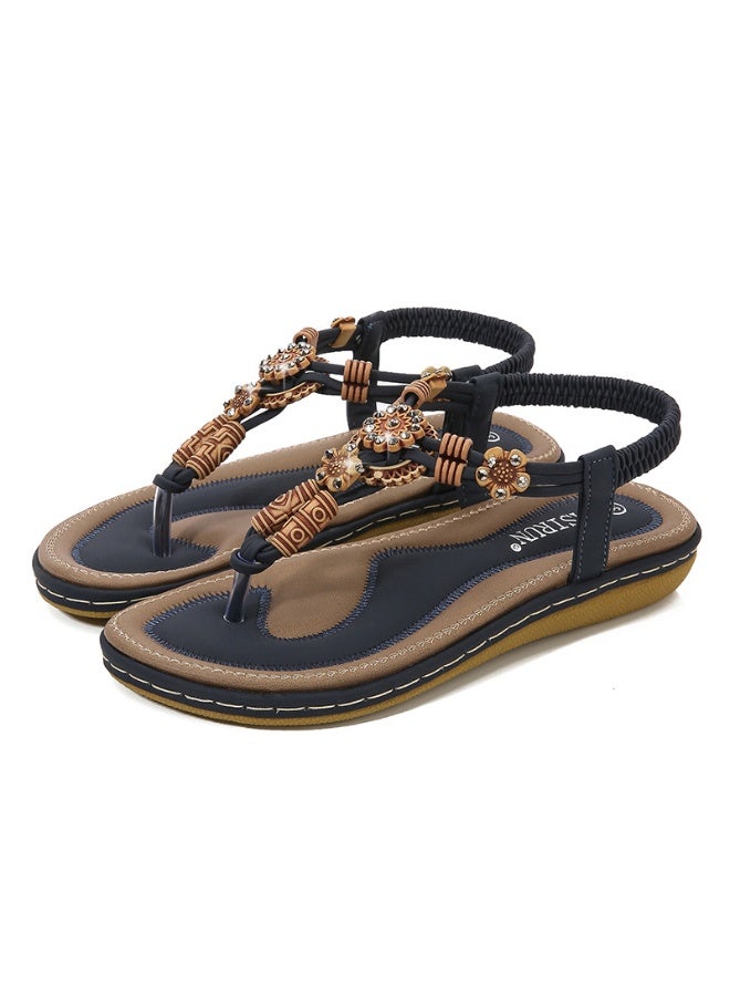 NIBEMINENT Summer  Women's Sandals Bohemian Wooden Beads Woven Large Size Flat Casual Shoes Women's Shoes  - Image 1