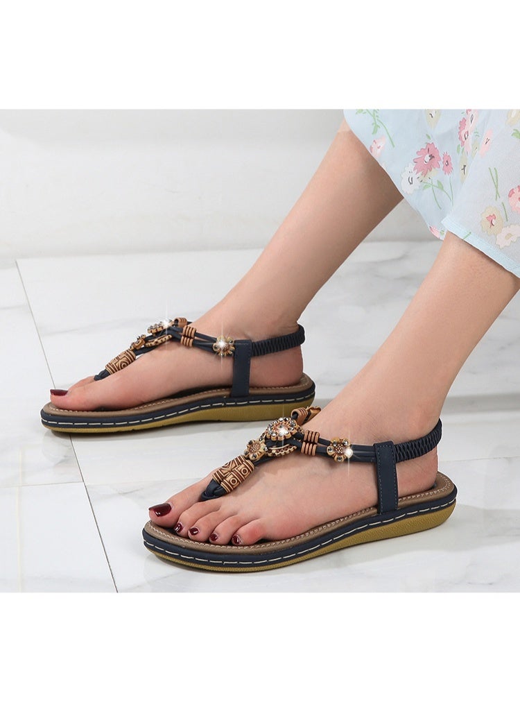 NIBEMINENT Summer  Women's Sandals Bohemian Wooden Beads Woven Large Size Flat Casual Shoes Women's Shoes  - Image 2
