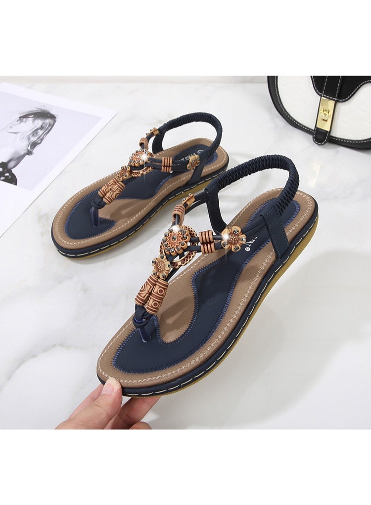 NIBEMINENT Summer  Women's Sandals Bohemian Wooden Beads Woven Large Size Flat Casual Shoes Women's Shoes  - Image 3