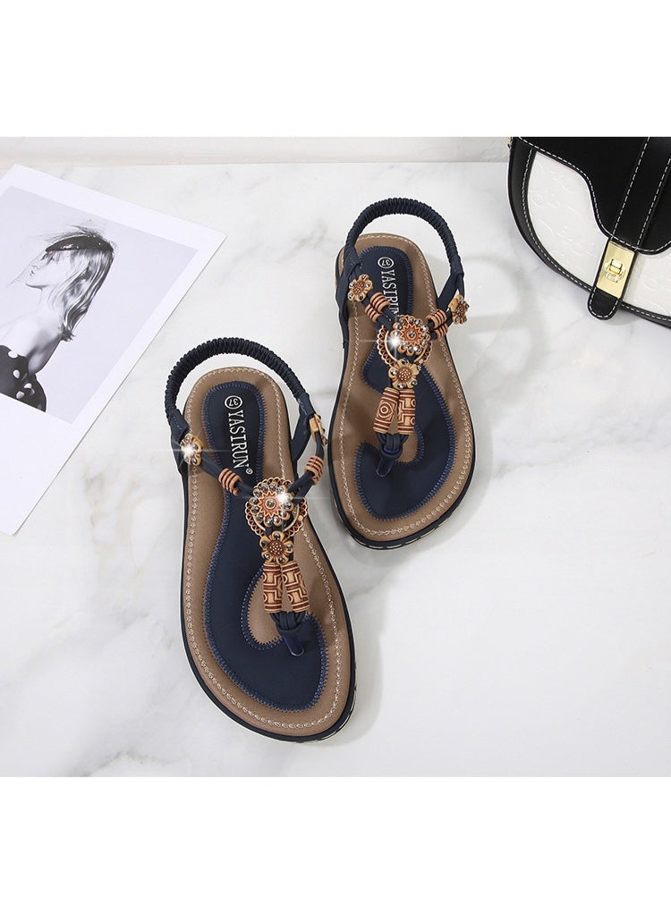 NIBEMINENT Summer  Women's Sandals Bohemian Wooden Beads Woven Large Size Flat Casual Shoes Women's Shoes  - Image 4