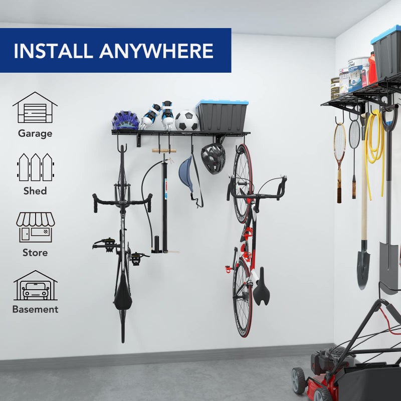 FLEXIMOUNTS Garage Wall Shelving, 1x4 ft, Includes 6 Bike Hooks, Wall Shelf Garage Organization System w/Bike Hangers, Storage Rack, Floating Shelves, 150 lbs Weight Capacity (1 Pack), Classic Series - Image 2