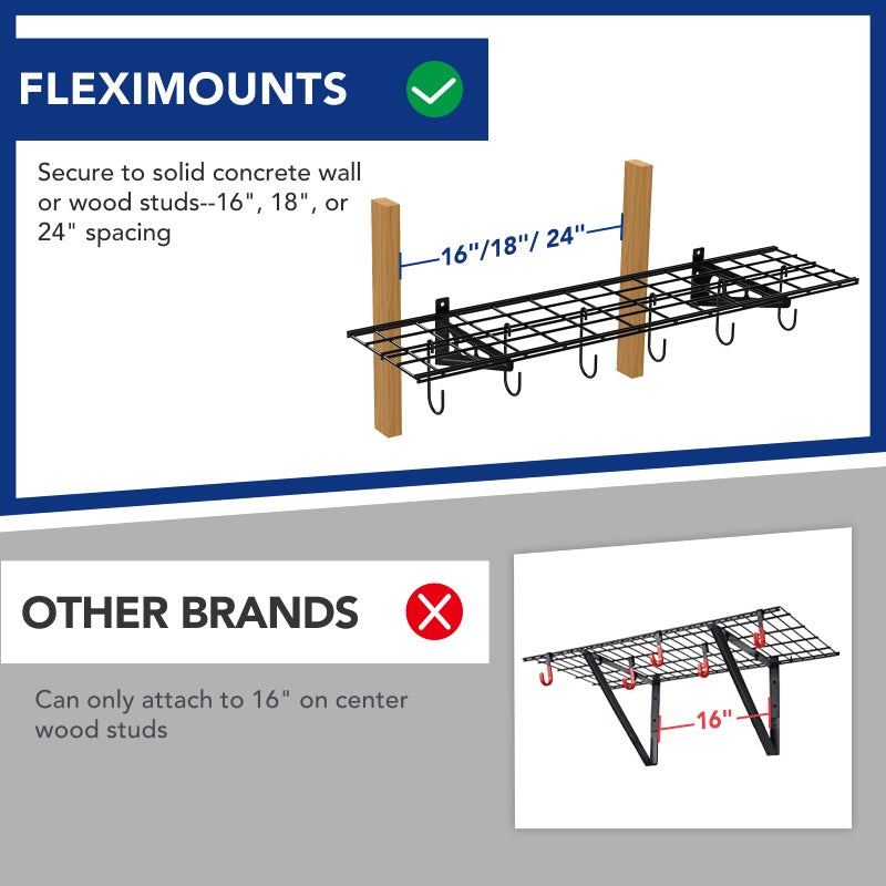 FLEXIMOUNTS Garage Wall Shelving, 1x4 ft, Includes 6 Bike Hooks, Wall Shelf Garage Organization System w/Bike Hangers, Storage Rack, Floating Shelves, 150 lbs Weight Capacity (1 Pack), Classic Series - Image 3