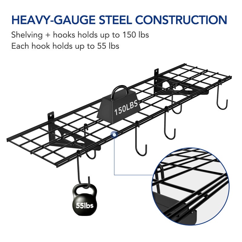 FLEXIMOUNTS Garage Wall Shelving, 1x4 ft, Includes 6 Bike Hooks, Wall Shelf Garage Organization System w/Bike Hangers, Storage Rack, Floating Shelves, 150 lbs Weight Capacity (1 Pack), Classic Series - Image 4