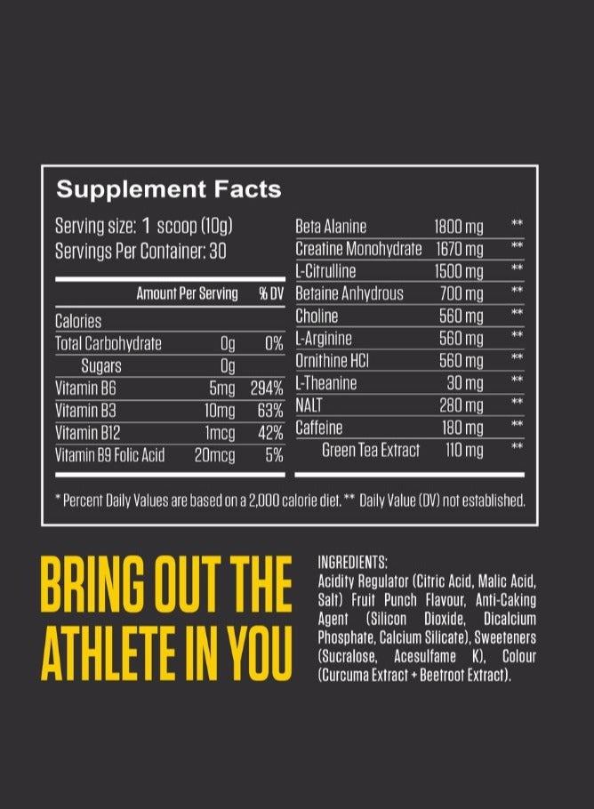 Pre Workout - Fruit Punch Flavour-1.8G Beta Alanine-1.5G Citrulline- 180Mg Caffeine- 30 Servings- 300G