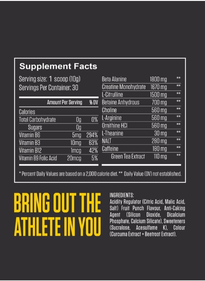 FUEL-UP by Kcal - Pre Workout - Fruit Punch Flavour-1.8g Beta Alanine-1.5g Citrulline- 180mg Caffeine- 30 Servings- 300g - Image 1
