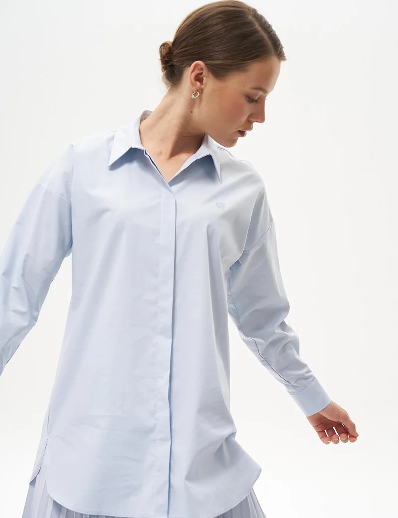 Kayra Shirt Collar Basic Poplin Tunic Ice Blue