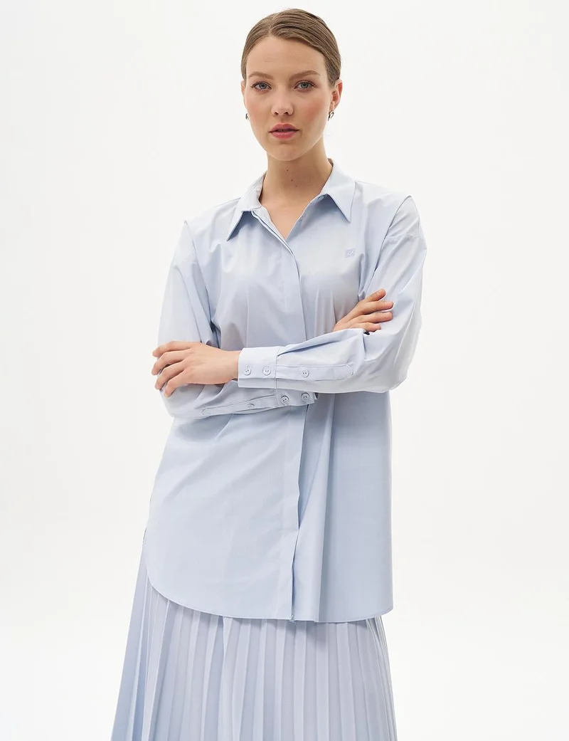 Kayra Shirt Collar Basic Poplin Tunic Ice Blue