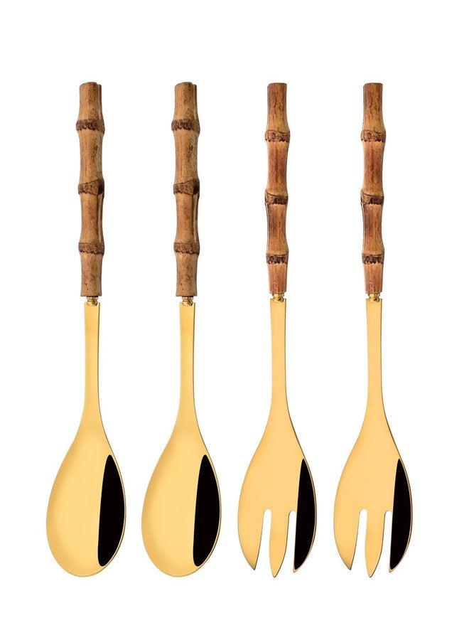 Uniturcky Stainless Steel Flatware Set, Bamboo Handle Silverware Set, Reusable Eating Utensils for Home Kitchen and Restaurant, Modern Gold Cutlery Set, 4 Pieces Serving Utensil - Image 1