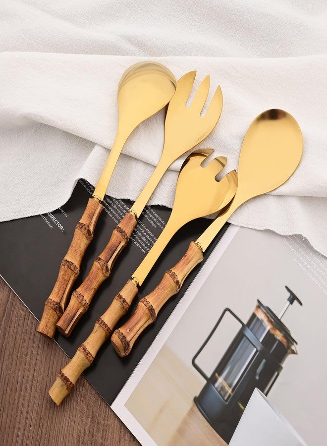 Uniturcky Stainless Steel Flatware Set, Bamboo Handle Silverware Set, Reusable Eating Utensils for Home Kitchen and Restaurant, Modern Gold Cutlery Set, 4 Pieces Serving Utensil - Image 4