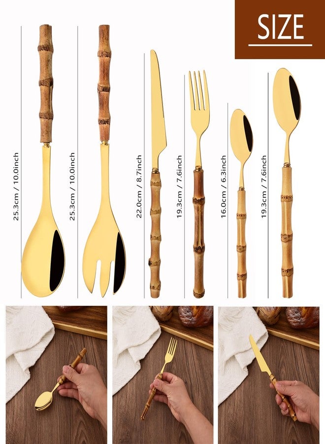 Uniturcky Stainless Steel Flatware Set, Bamboo Handle Silverware Set, Reusable Eating Utensils for Home Kitchen and Restaurant, Modern Gold Cutlery Set, 4 Pieces Serving Utensil - Image 2
