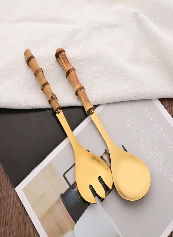 Uniturcky Stainless Steel Flatware Set, Bamboo Handle Silverware Set, Reusable Eating Utensils for Home Kitchen and Restaurant, Modern Gold Cutlery Set, 4 Pieces Serving Utensil - Image 3