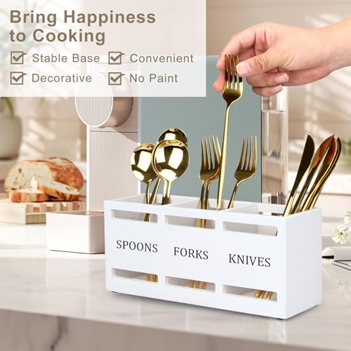 Ayiaren Wooden Silverware Cutlery Holder White Flatware Caddy Small Kitchen Utensil Holders for Party Wood Silverware Organizer Storage for Table Countertop Spoon and Fork Holder Utensils Caddy Basket - Image 3