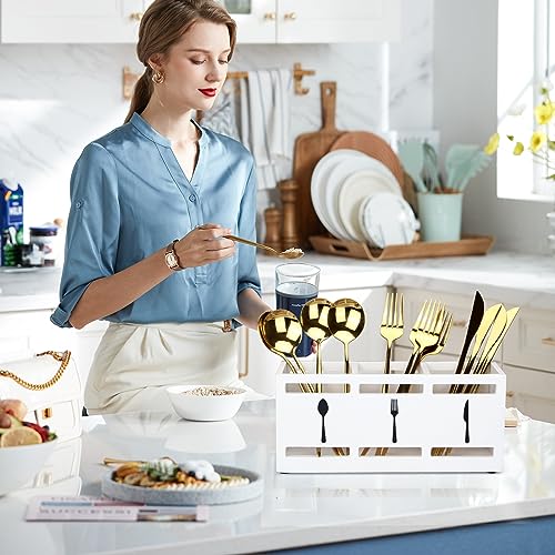 Ayiaren Wooden Silverware Cutlery Holder White Flatware Caddy Small Kitchen Utensil Holders for Party Wood Silverware Organizer Storage for Table Countertop Spoon and Fork Holder Utensils Caddy Basket - Image 2