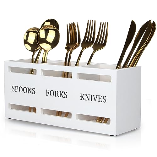 Ayiaren Wooden Silverware Cutlery Holder White Flatware Caddy Small Kitchen Utensil Holders for Party Wood Silverware Organizer Storage for Table Countertop Spoon and Fork Holder Utensils Caddy Basket - Image 1