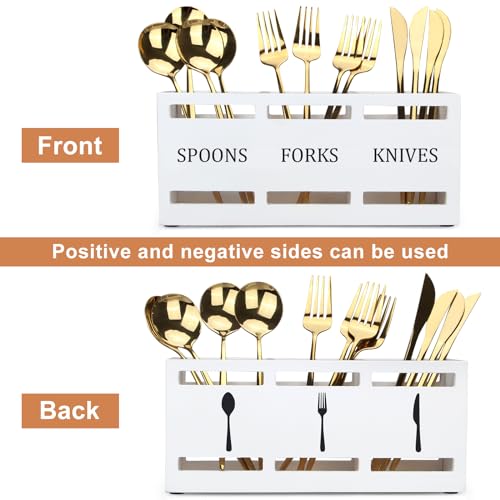 Ayiaren Wooden Silverware Cutlery Holder White Flatware Caddy Small Kitchen Utensil Holders for Party Wood Silverware Organizer Storage for Table Countertop Spoon and Fork Holder Utensils Caddy Basket - Image 4