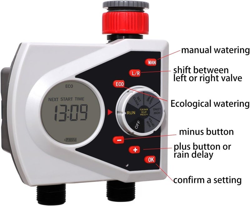 Yardeen Digital Dual Outlet Water Timer, LCD Display, ECO Mode, Manual and Automatic Controls - Image 3