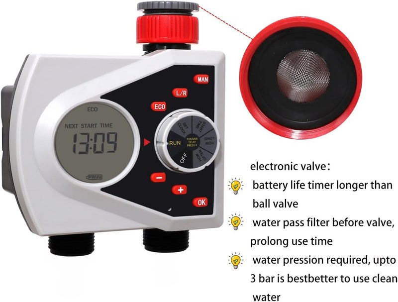Yardeen Digital Dual Outlet Water Timer, LCD Display, ECO Mode, Manual and Automatic Controls - Image 2