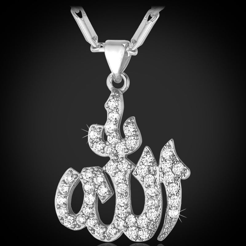 U7 Cubic Zirconia Allah Pendant Necklace 22 Inches Chain Women Platinum Plated Mulsim Religious Jewelry - Image 5