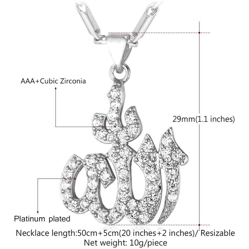 U7 Cubic Zirconia Allah Pendant Necklace 22 Inches Chain Women Platinum Plated Mulsim Religious Jewelry - Image 3