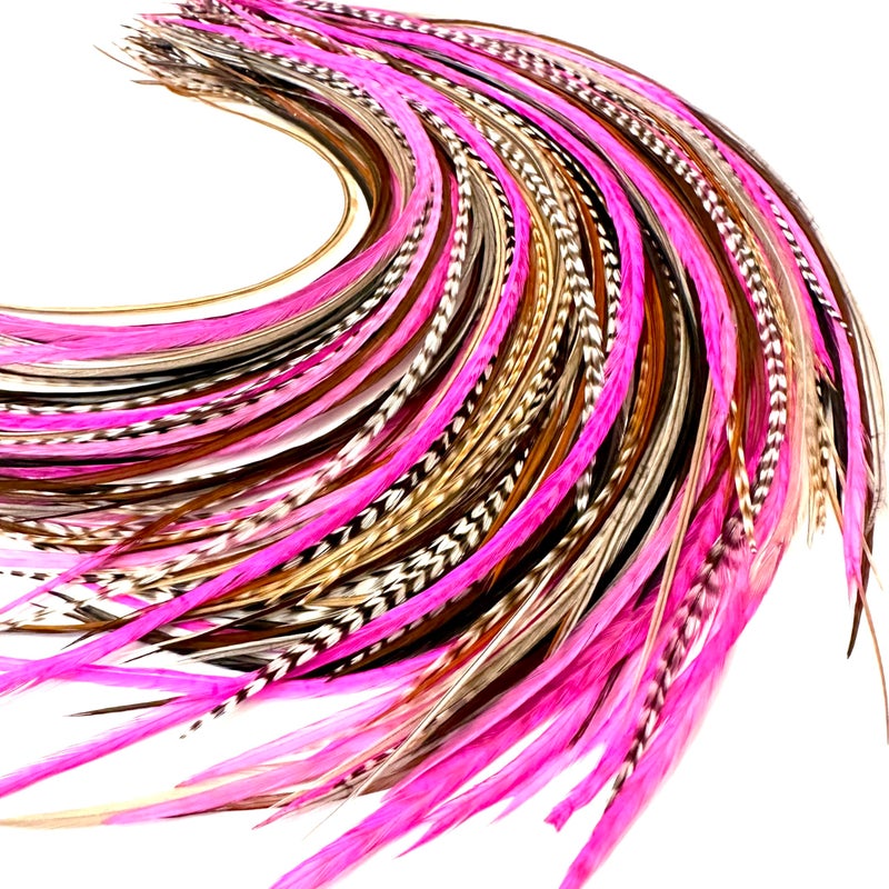 Feather Headz 21 Natural & Hot Pink Color Hair Extensions â€“ 9â€â€“14â€ Long â€“ DIY Rooster Kit with 20 Micro-Link Beads â€“ 100% Real Feathers â€“ Eye-Catching Boho Style - Image 1