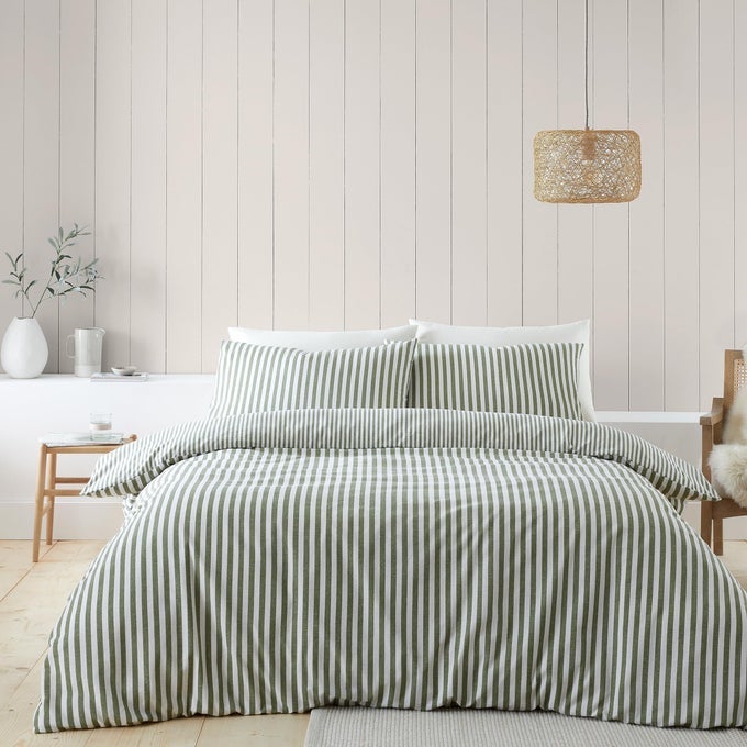 BRUSHED COTTON STRIPE REVERSIBLE KING DUVET COVER SET WITH PILLOWCASES GREEN