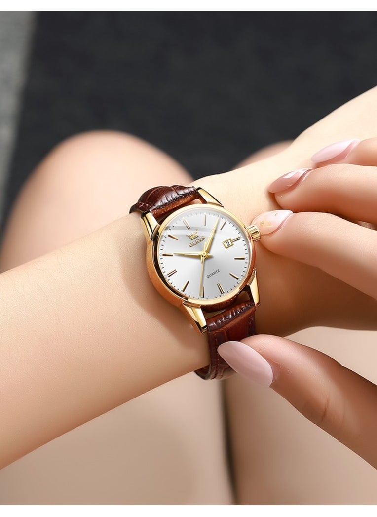 OLEVS Watches for Women Quartz Analog Water Resistant Leather Watch Brown&White 6898 - Image 4