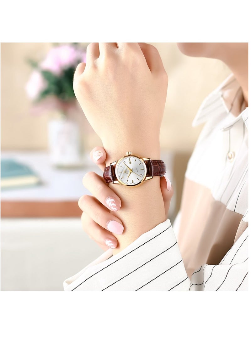 OLEVS Watches for Women Quartz Analog Water Resistant Leather Watch Brown&White 6898 - Image 2