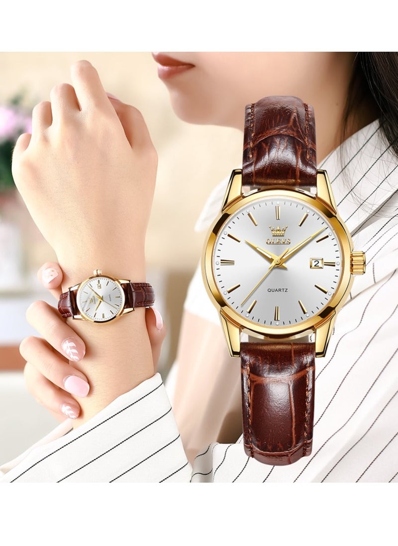 OLEVS Watches for Women Quartz Analog Water Resistant Leather Watch Brown&White 6898 - Image 1