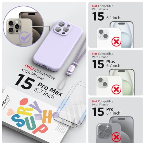 SURPHY Designed for iPhone 15 Pro Max Case with Screen Protector and Lanyard Phone Strap and Liquid Silicone Phone Case Camera Protective Soft Microfiber Lining 67 inch 2023 Lilac - Image 3
