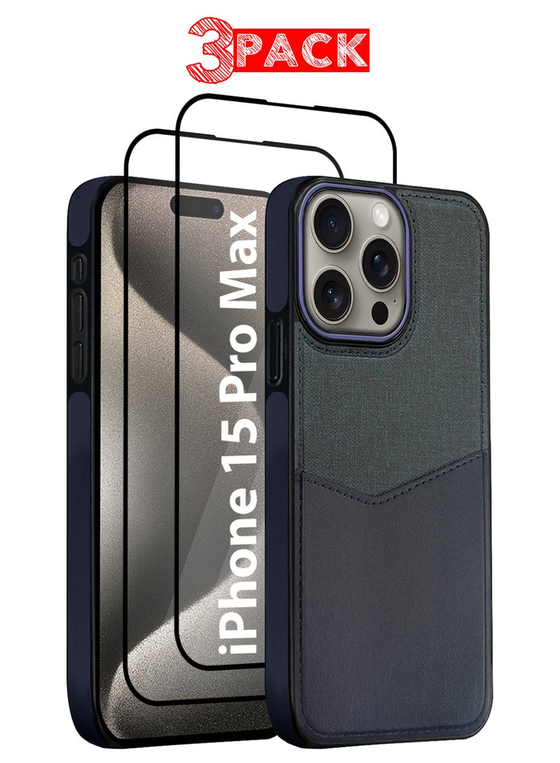 CATANES 3Packs iPhone 15 Pro Max Card Case Leather Back Cover with Card Holder, Slim and Lightweight, 1-2 Cards with Two 3D Screen Protectors- Dark Blue  - Image 1