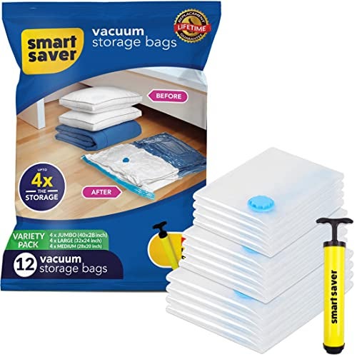 Smart Saver Plastic 12 Pack Vacuum Bags for Travel, Space Saver Bags (4 Jumbo/4 Large/4 Medium) Compression Storage Bags for Clothes, Pillows Compression Packing Bag with Hand Pump; white - Image 1