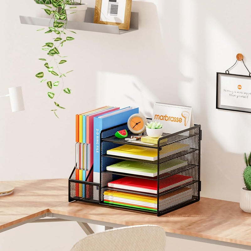 Marbrasse Desk Organiser File Holder,5-Tier Paper Letter Tray Organiser,Mesh Desktop Storage with Magazine Holder for Office Supplies(Black without Drawer and pen holder) - Image 2