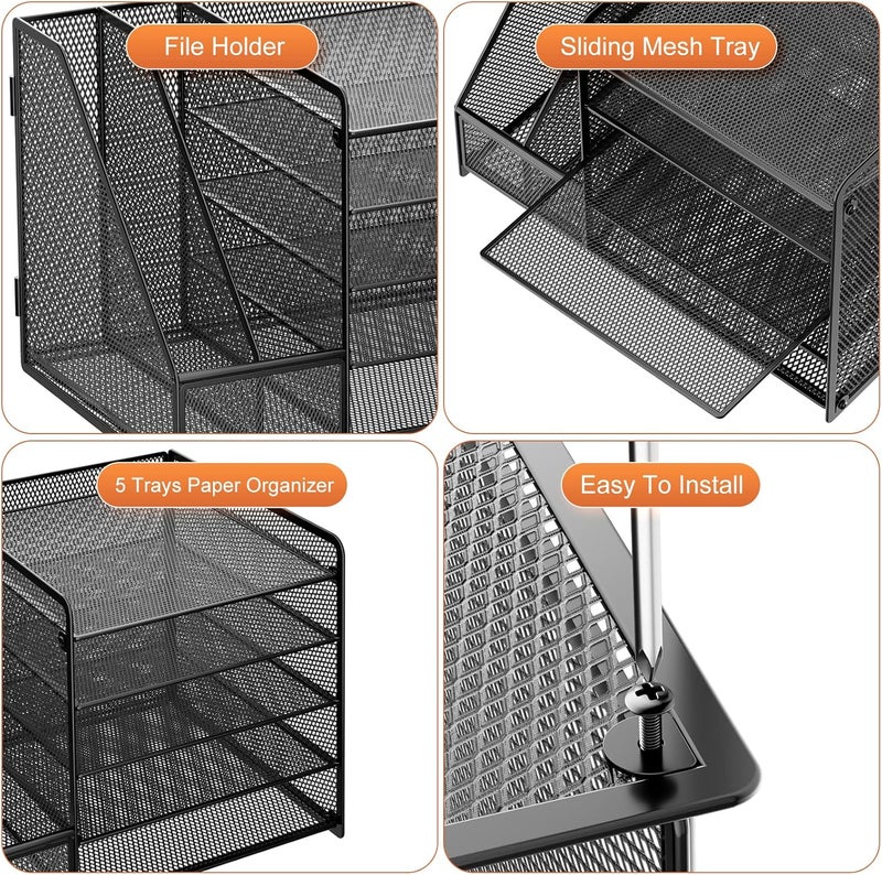 Marbrasse Desk Organiser File Holder,5-Tier Paper Letter Tray Organiser,Mesh Desktop Storage with Magazine Holder for Office Supplies(Black without Drawer and pen holder) - Image 4