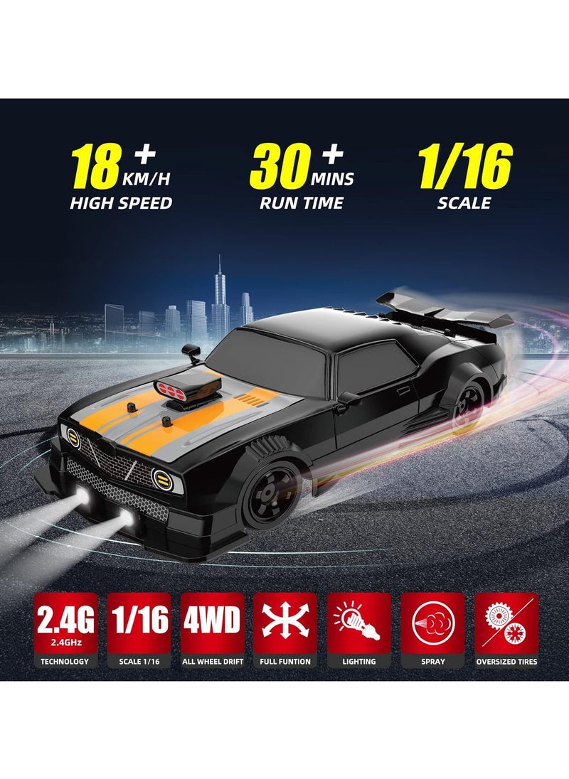 Taizz Ventures 1:16 Scale Remote Control Car RC Drift Car 4WD 18KM/H High Speed Model Vehicle 2.4GHz with LED Lights Spray Rubber Tire Racing Sport Toy Car for Adults Boys Girls Kids Gift 2Pcs Rechargeable Batteries - Black  - Image 2