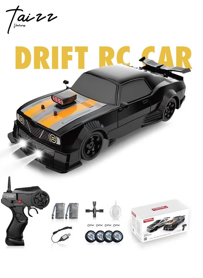 Taizz Ventures 1:16 Scale Remote Control Car RC Drift Car 4WD 18KM/H High Speed Model Vehicle 2.4GHz with LED Lights Spray Rubber Tire Racing Sport Toy Car for Adults Boys Girls Kids Gift 2Pcs Rechargeable Batteries - Black  - Image 1