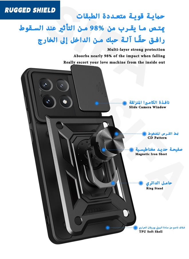 راجيد شيلد حافظة Xiaomi POCO X6 Pro، غطاء Xiaomi POCO X6 Pro مع غطاء كاميرا منزلق، غطاء هاتف مقاوم للصدمات من الدرجة العسكرية مع مسند حلقي لهاتف Xiaomi POCO X6 Pro 5G، أسود  - Image 2