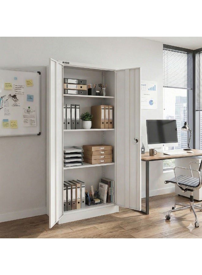 RIGID Steel Office Filing Cupboard with Key Lock, Pre-Assembled Metal Almirah Cabinet with 3 Adjustable Shelves, Storage Closet for Office, School, Home Use – White (39D x 85W x 180H cm) - Image 2