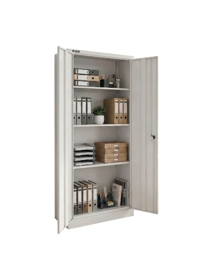RIGID Steel Office Filing Cupboard with Key Lock, Pre-Assembled Metal Almirah Cabinet with 3 Adjustable Shelves, Storage Closet for Office, School, Home Use – White (39D x 85W x 180H cm) - Image 1