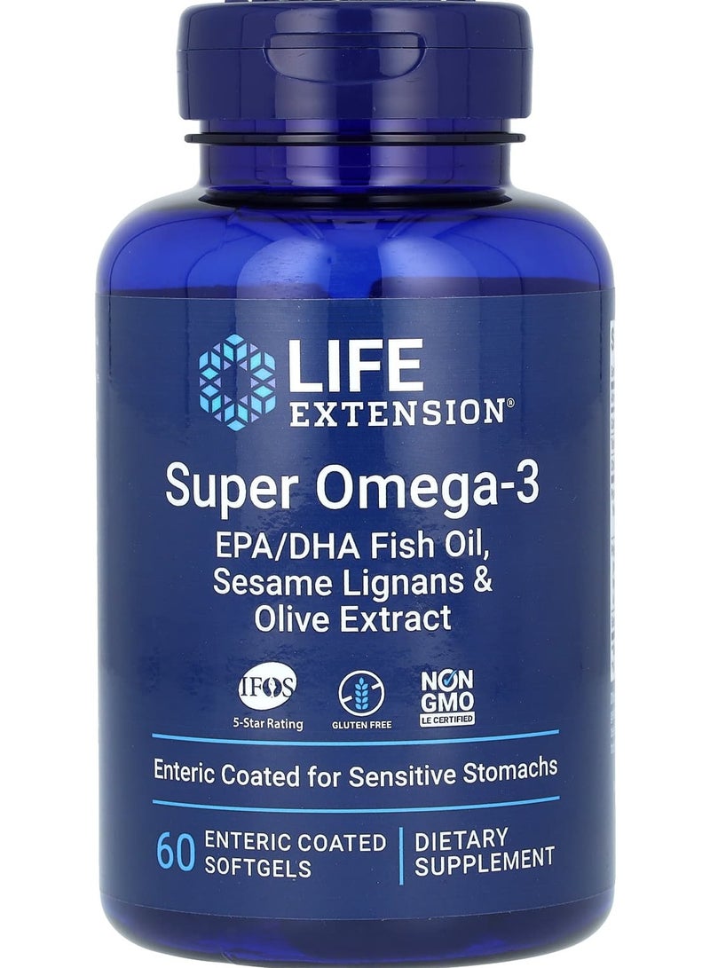 سوبر أوميغا-3، زيت السمك EPA/DHA، لجنات السمسم ومستخلص الزيتون، 60 كبسولة ناعمة مغلفة معوية