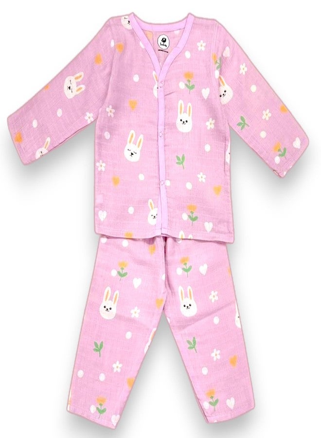 TEETAR Muslin Cotton Night Suit for Babies - Soft Full Sleeve Sleepwear Set for Baby Boy & Girl, Muslin Pyjamas & Top, Lightweight Baby Cotton Clothes, Bunny Hugs, 9-12 Months - Image 1