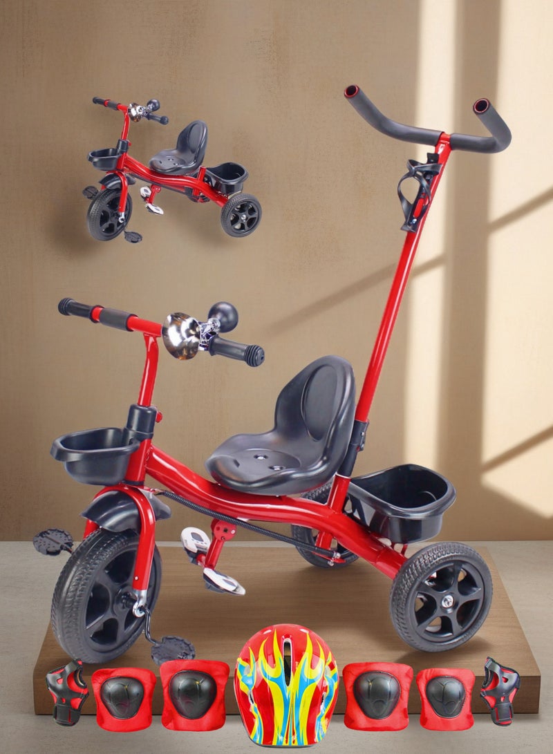 Baby Bicycle Ride-On Toy Tricycle for Kids with Parental Push Handle Kids Tricycle with Storage Basket (Grey Red Pink Can Choose) Package Include Full Protective Gear Set - Image 1