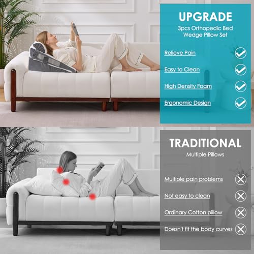 WGAKCED 3Pcs Wedge Pillow Set for After Surgery,Acid Reflux Relief, Adjustable Bed Wedge Pillows for Sleeping,Anti Snore, Memory Foam Triangle Pillow for Back&Neck&Shoulder Pain Relief, White&Grey - Image 5