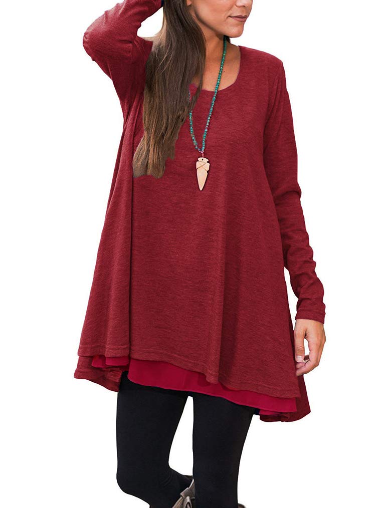Poetsky Flowy Women's Plus Size Tunic Tops Long Loose Fit Long Sleeve Shirts (XXL,Dark Red) - Image 1