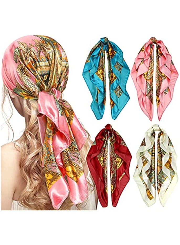 Large Satin Head Scarves 35” Square Silk Feel Hair Bandanas Stylish Neckerchiefs Fashion Accessories for Women 4 Pack (Vintage Collection) - Image 1
